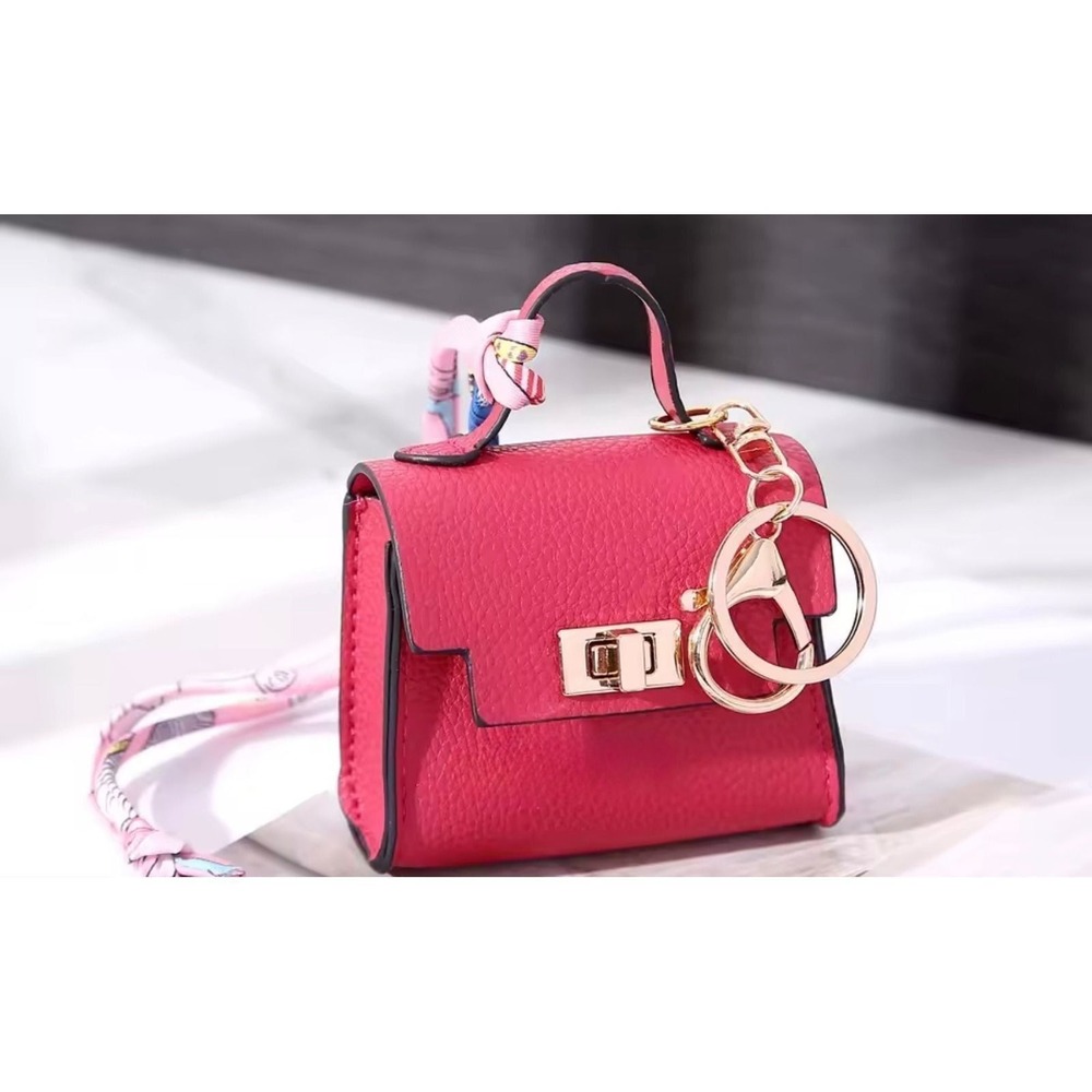 Rose Red Mini Pebbled Faux Leather‎ Bag Keychain or Purse Charm w/twilly Scarf